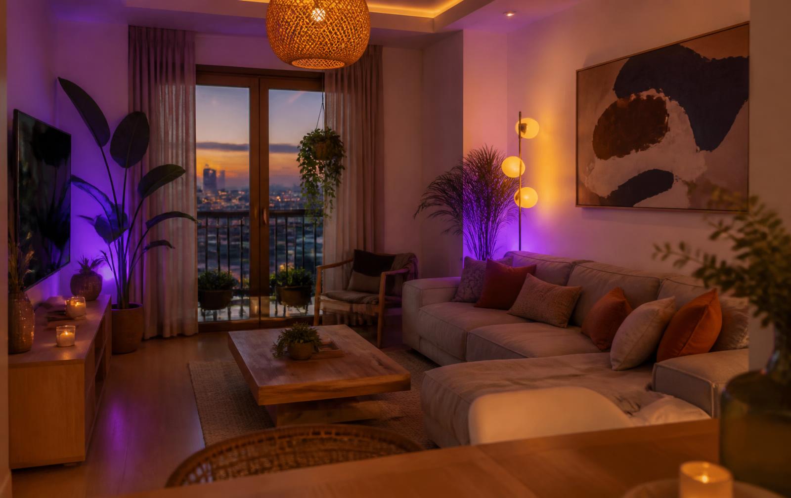 Salón iluminado con luz ámbar y violeta de bombillas inteligentes